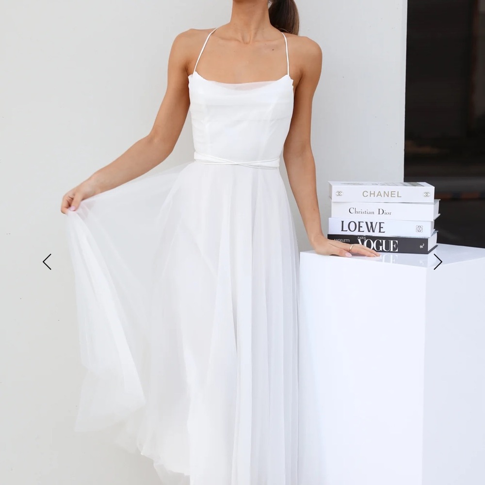 Hello Molly White Signal My Way Tulle Midi Dress